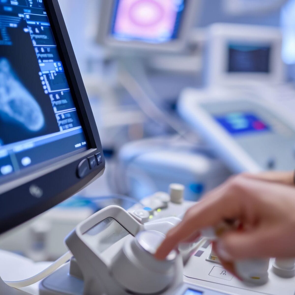 Close-up view of a healthcare professional's hands operating an ultrasound machine